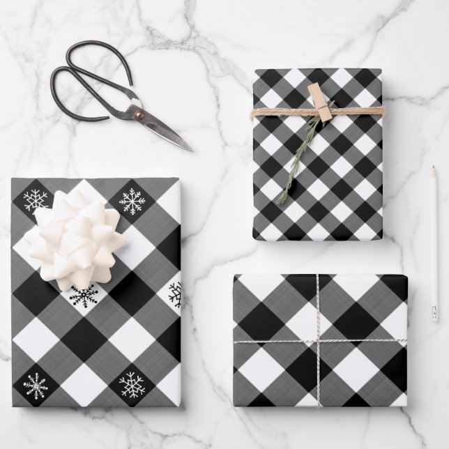 Rustic Black White Buffalo Plaid Snowflake Wrapping Paper Sheet (Front)