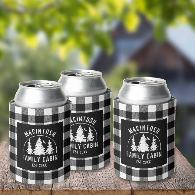 Rustic Black White Buffalo Plaid Woods Personalize Can Cooler (Creator Uploaded)
