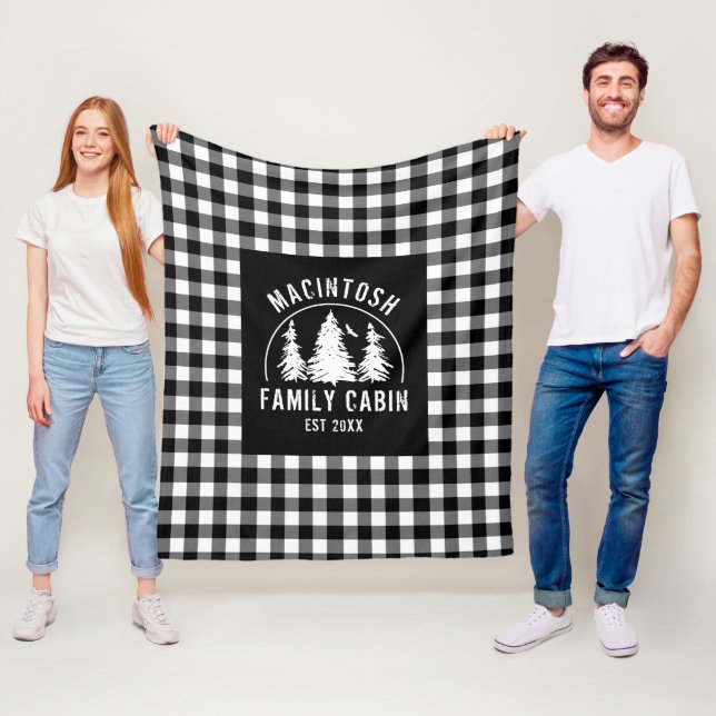 Rustic Black White Buffalo Plaid Woods Personalize Fleece Blanket (In Situ)
