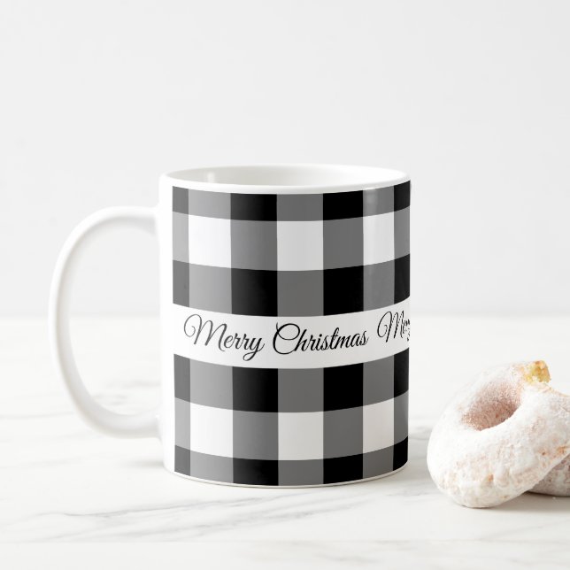Rustic Black White Chequered Merry Christmas Coffee Mug (With Donut)