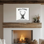 Rustic Black White Deer Welcome  Canvas Print<br><div class="desc">This sign is simple in design, but a statement all on its own. The sign has a soft white background, with a soft black design. The text resembles paint brush strokes for a vintage look. Personalize it with your family name. Perfect for the cabin or camp, as well as modern,...</div>