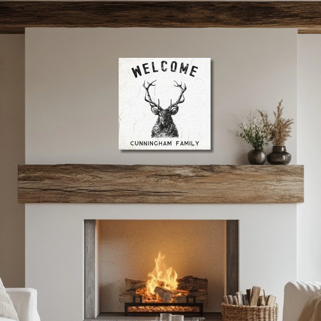 Rustic Black White Deer Welcome  Canvas Print (Rustic Black White Deer Monogram Canvas Print)
