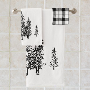 Rustic Black & White Forest Trendy Buffalo Plaid Bath Towel Set