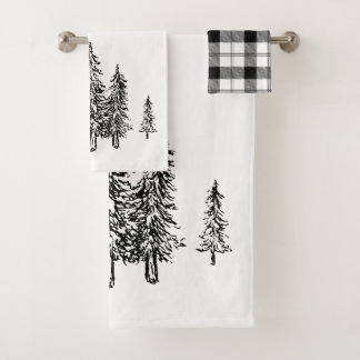 Rustic Black & White Forest Trendy Buffalo Plaid Bath Towel Set