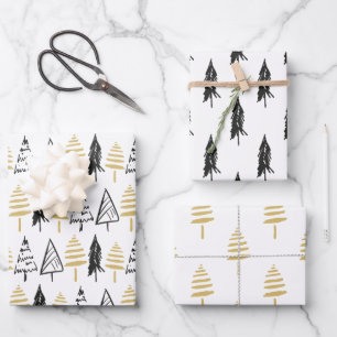Rustic Black White & Gold Evergreen Christmas Tree Wrapping Paper Sheet