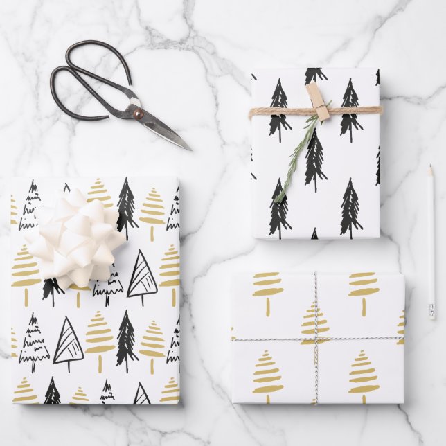 Rustic Black White & Gold Evergreen Christmas Tree Wrapping Paper Sheet (Front)