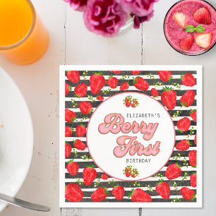 Rustic Black White Gold Red Strawberry Berry First Napkin