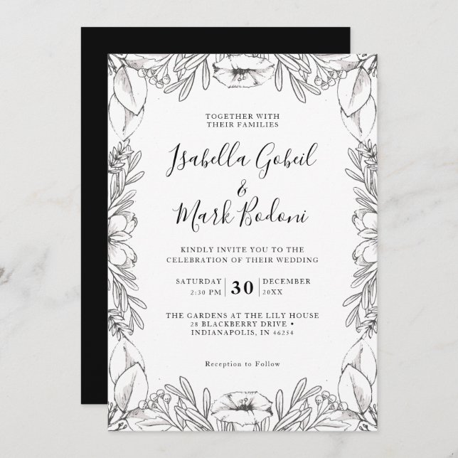 Rustic Black White Hand Sketched Floral Wedding Invitation (Front/Back)