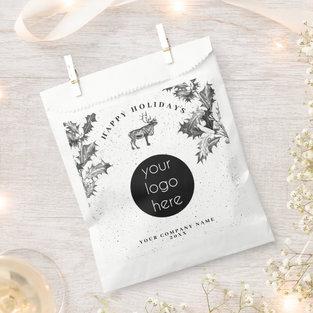 Rustic Black White Holiday Business Logo Christmas Favour Bag (Clipped)