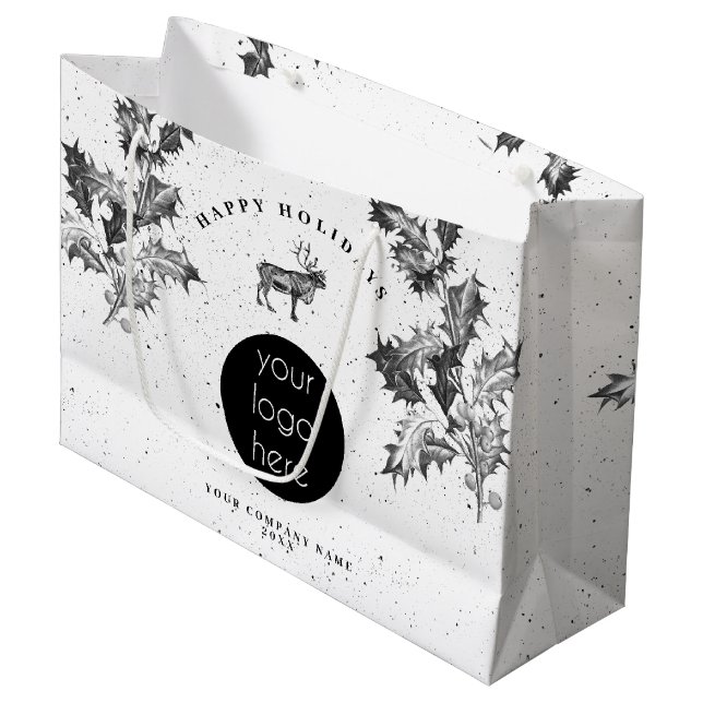 Rustic Black White Holiday Business Logo Christmas Large Gift Bag (Front Angled)