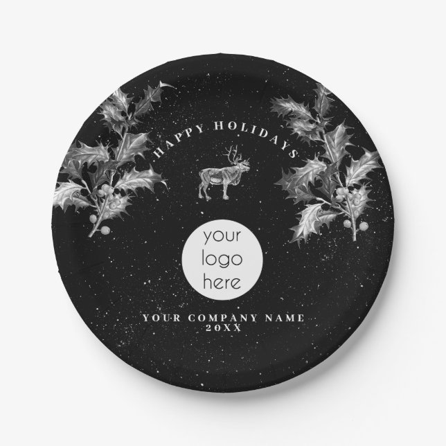 Rustic Black White Holiday Business Logo Christmas Paper Plate (Front)