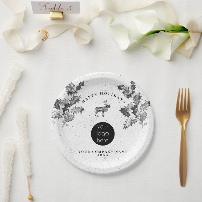 Rustic Black White Holiday Business Logo Christmas Paper Plate (Wedding)
