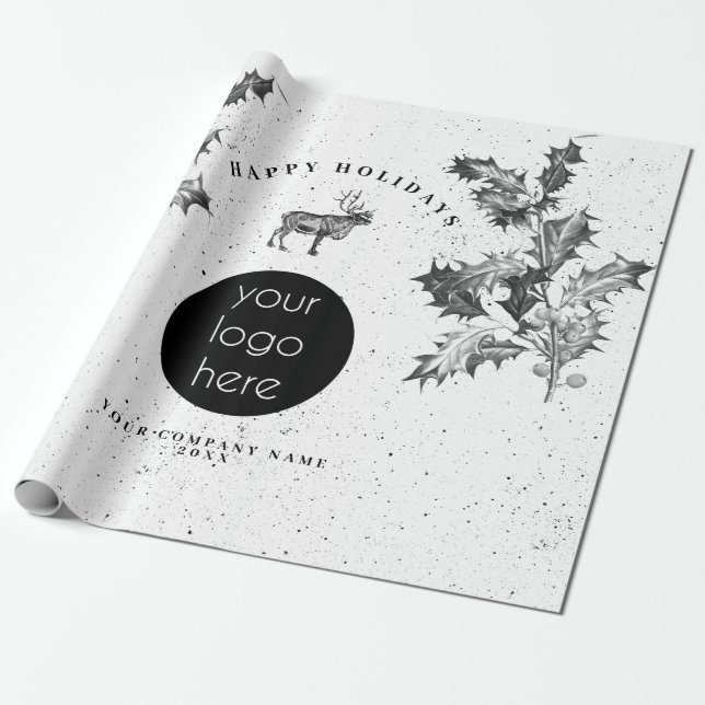 Rustic Black White Holiday Business Logo Christmas Wrapping Paper (Unrolled)