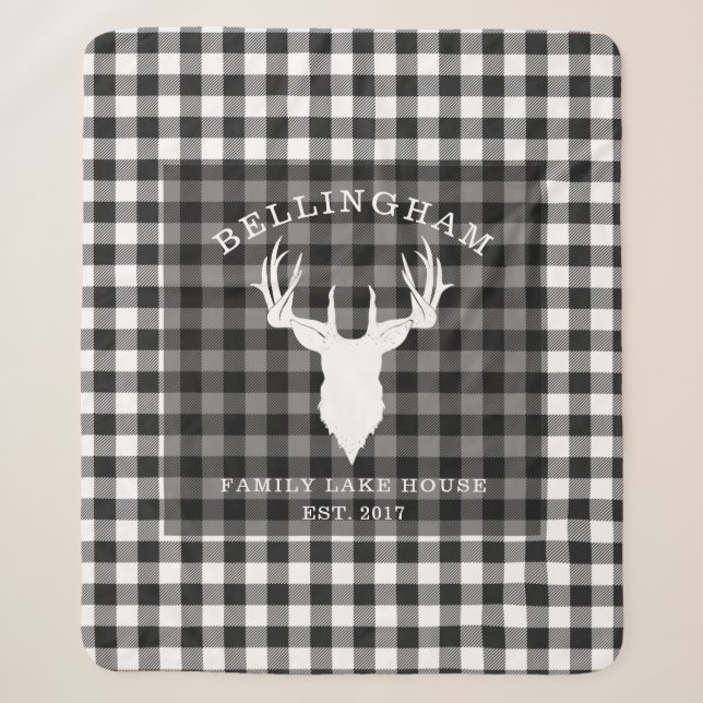 Rustic Black White Lake House Plaid Family Sherpa Blanket (Front)