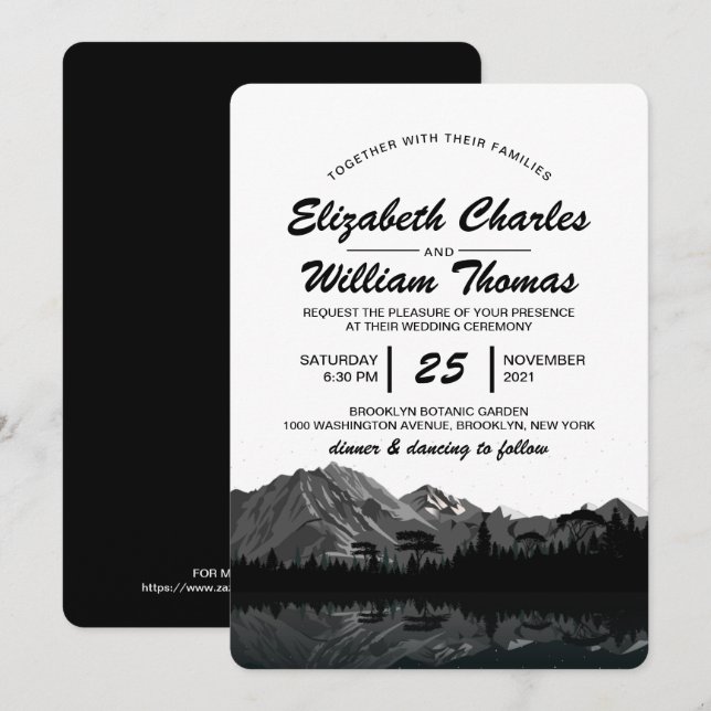 Rustic Black & White Mountain Forest Wedding Invit Invitation (Front/Back)