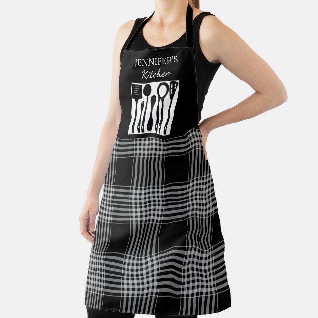 Rustic black white plaid monogram name kitchen apron (Insitu)
