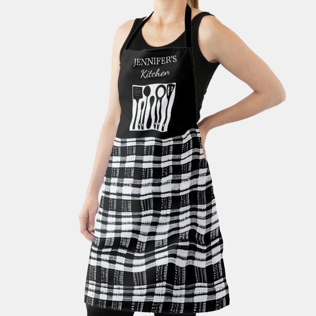 Rustic black white plaid monogram name kitchen apron (Insitu)