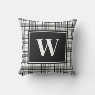 Rustic Black & White Plaid Monogram Throw Pillow