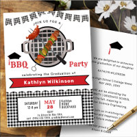 Rustic Black White Plaid Red Script GRAD BBQ Party