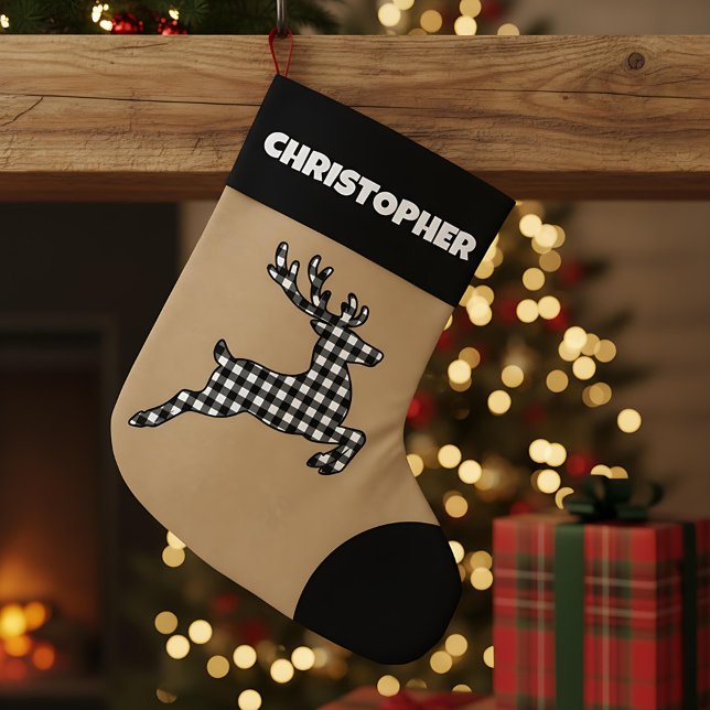 Rustic Black & White Plaid Reindeer Custom Name Large Christmas Stocking (Creator Uploaded)