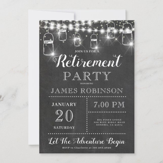 Rustic Black White Retirement Party Invitation (Front)