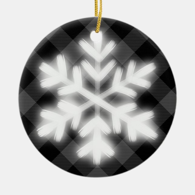 Rustic Black white Tartan plaid  snow flake detail Ceramic Ornament (Front)