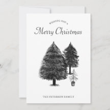 Rustic Black & White Tree Drawing Merry Christmas