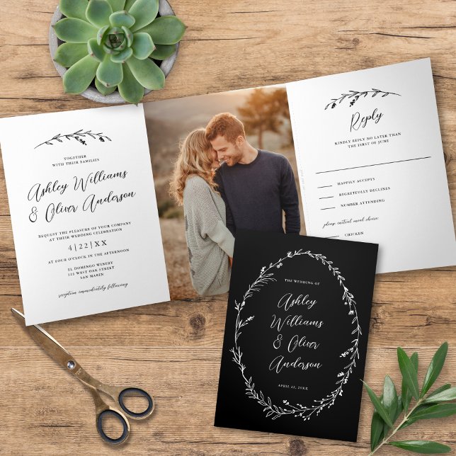 Rustic Black White Wildflower Boho Photo Wedding Tri-Fold Invitation (Creator Uploaded)