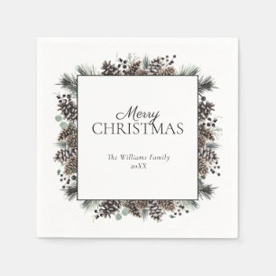 Rustic Black Winter Pinecone Merry Christmas  Napkin
