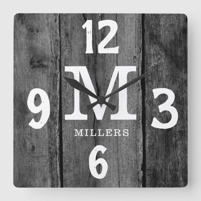 Rustic Black Wood Family Name Monogram  Farmhouse Square Wall Clock (Front)