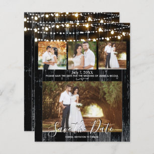 Rustic Black Wood & Lights 4 Photo Save the Date