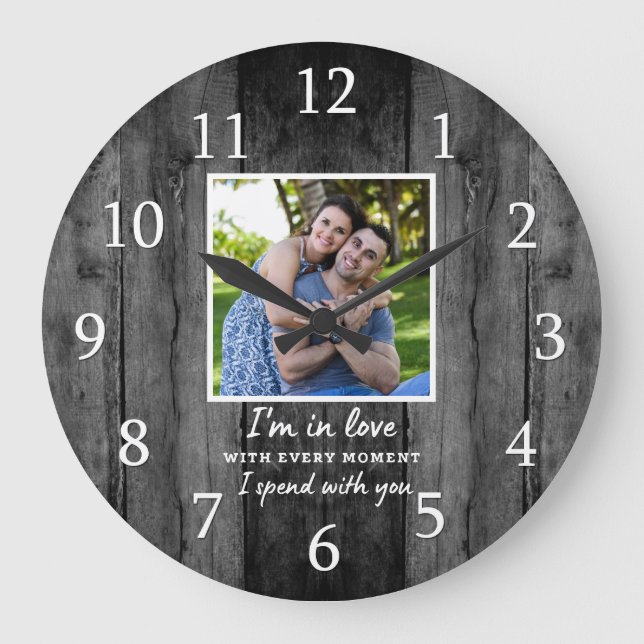 Rustic Black Wood Wedding Anniversary Love Photo Large Clock (Front)