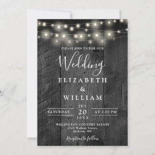 Rustic Black Wood Wedding String Lights QR Code Invitation