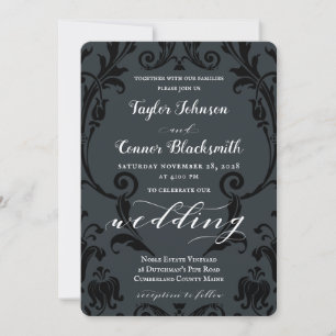 Rustic Blacksmith Calligraphy Black Damask Wedding Invitation