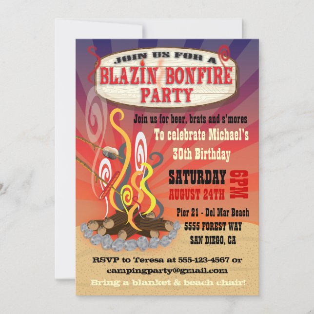 Rustic Blazin Bonfire Party Invitations (Front)