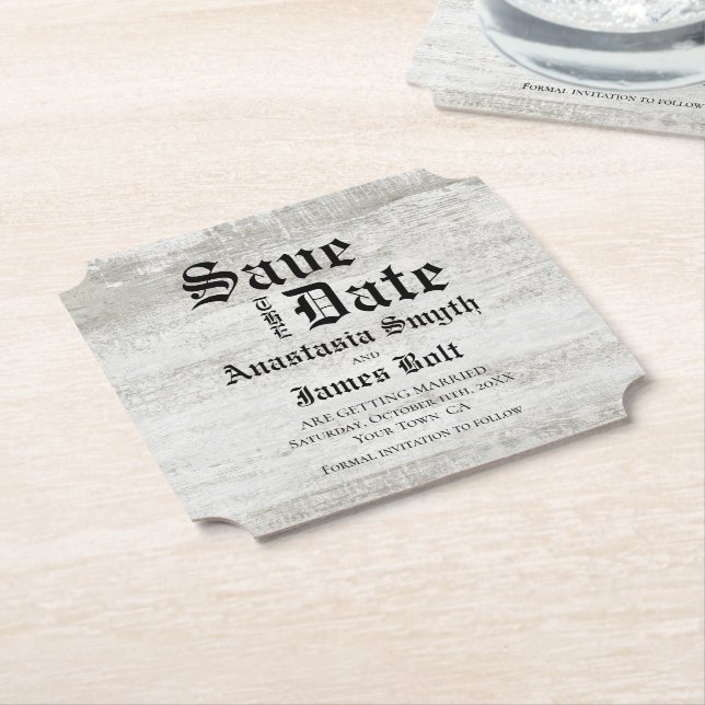 Rustic Bleached Wood Wedding Save the Date Paper Coaster (Angled)