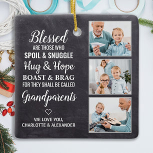Rustic Blessed Grandparents Personalized 3 Photo  Ceramic Ornament