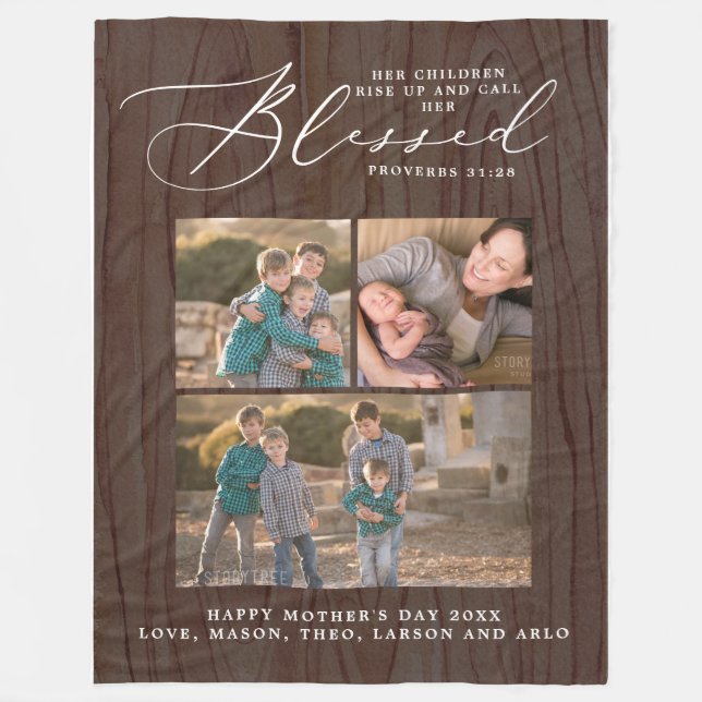Rustic Blessed Mom Proverbs 31 Scripture 3 Photo Fleece Blanket (Front)