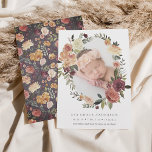 Rustic Bloom Birth Announcement<br><div class="desc">Elegant botanical birth announcements feature your sweet little one's photo encircled by an oval wreath of lush green foliage and watercolor flowers in autumn hues of burgundy and blush. Personalize with your baby's name and birth stats beneath.</div>