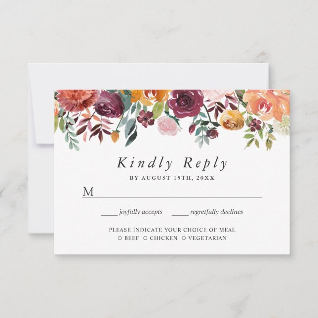 Rustic Bloom Burgundy Blush Orange Floral RSVP Card (Front)