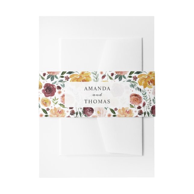 Rustic Bloom Burgundy Orange Floral Wedding Invitation Belly Band (Front Example)