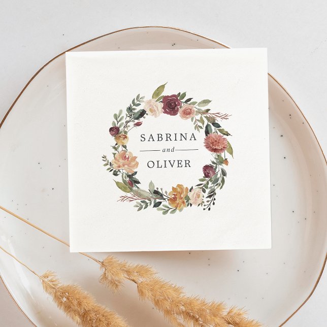 Rustic Bloom | Floral Wreath Personalized Wedding Napkin (Creator Uploaded)