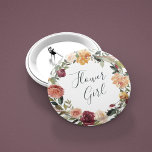 Rustic Bloom Flower Girl 2 Inch Round Button<br><div class="desc">Identify the key players at your bridal shower or rehearsal dinner with our elegant,  sweetly chic floral buttons. Button features a watercolor floral wreath of roses,  peonies and mums in rich autumn hues,  with "flower girl" inscribed inside in hand lettered script. Designed to match our Rustic Bloom collection.</div>