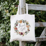 Rustic Bloom | Flower Girl Tote Bag<br><div class="desc">Rustic elegant bridal party tote features a watercolor floral wreath of roses,  peonies and mums in rich autumn hues,  with "flower girl" inscribed inside in hand lettered script. Designed to match our Rustic Bloom wedding and event collection.</div>