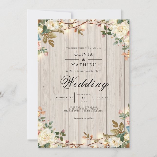 Rustic Bloom Wood Grain Wedding Invitation (Front)