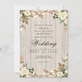 Rustic Bloom Wood Grain Wedding Invitation