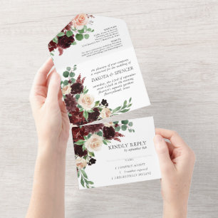 Rustic Blooms   Terracotta and Marsala Red Floral All In One Invitation