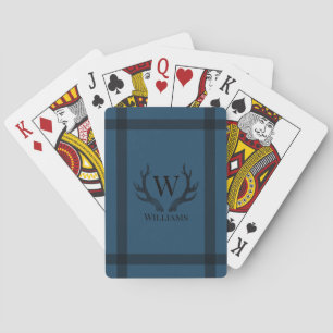 Rustic Blue and Black Antlers Monogram and Name Playing Cards