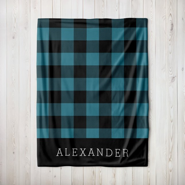 Rustic Blue and Black Buffalo Check Monogram Fleece Blanket (Creator Uploaded)
