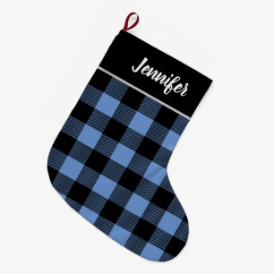 Rustic Blue and Black Buffalo Check Monogram Large Christmas Stocking